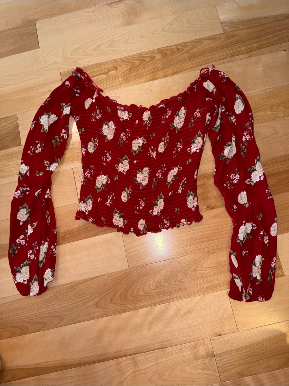 Red Floral Smocked Off-Shoulder Women's Top Hollister Like New S